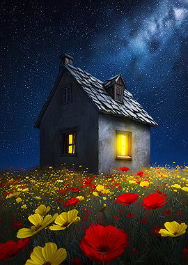 Starry Night House Meadow Art