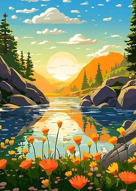 Vibrant Sunset Over Mountain Lake