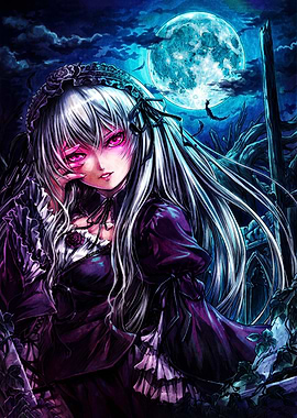 Gothic Anime Girl Under Full Moon