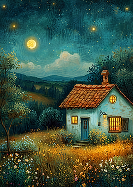 Cottage Nightscape Impasto Art