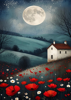 Poppy Field Cottage Moon Night Art