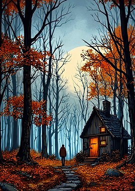 Autumn Cabin Forest Moonlit Art