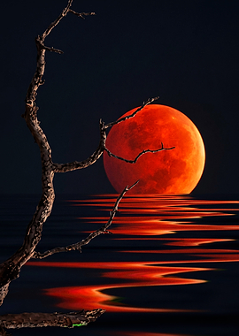 Red Moon Ocean Night Dark Art