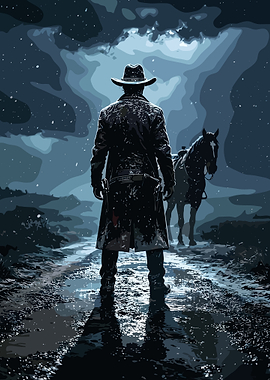 Lone Cowboy and Horse at Night