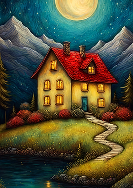 Mountain House Night Moon Art Poste