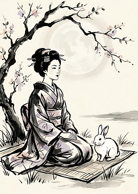 Geisha and Rabbit Under Moon
