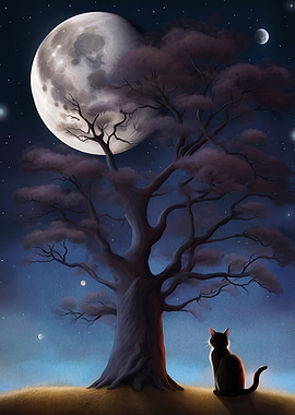 Cat Tree Moon Night Fantasy Poster