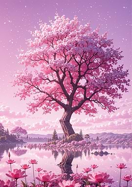 Pink Cherry Blossom Tree by Lake Japan