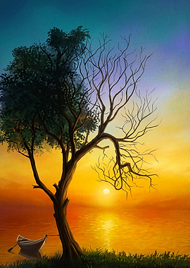 Tree Sunset Landscape Art Poster
