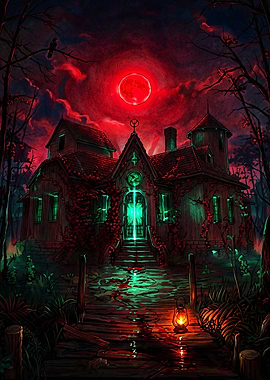 Haunted House Under Red Moon