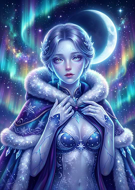 Ethereal Winter Goddess Under Aurora