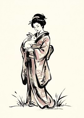 Geisha Holding a White Rabbit