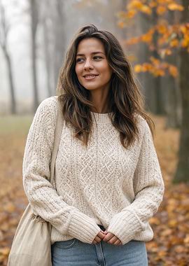 Woman in Cream Cable Knit Sweater
