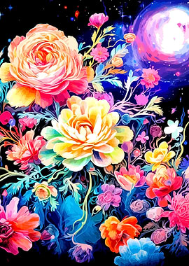 Vibrant Cosmic Floral Garden Illustration