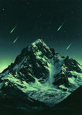 Green Meteor Shower Over Snowy Mountain