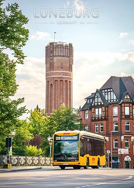 Lüneburg Water Tower and City Bus over a bridge