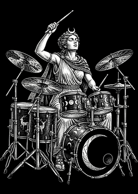 Artemis Goddess Playing Drums Illustration