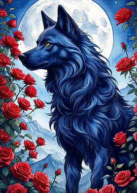 Blue Wolf Red Roses Watercolor Art