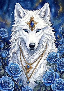 White Wolf Blue Rose Fantasy Art