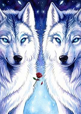 Wolf Rose Fantasy Watercolor Art