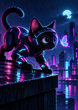 Cyberpunk Cat with Neon Butterfly