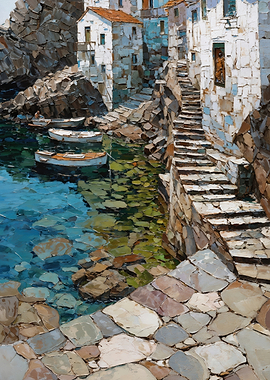 Mediterranean Coastal Village with Boats and Stairways