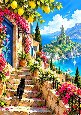 Black Cat on Mediterranean Coastal Stairs