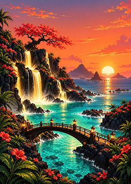Tropical Waterfall Sunset Bridge Landscape