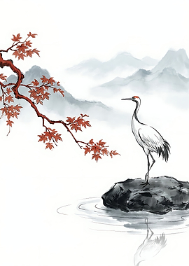Red-Crowned Crane in Traditional Ink Wash