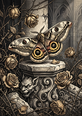 Gothic Moth and Roses Illustration