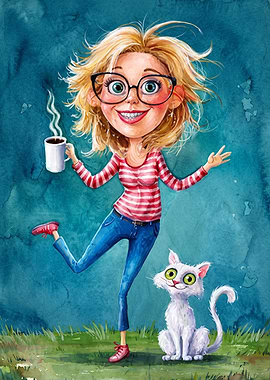 Coffee Girl Cat Cartoon Watercolor