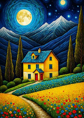 Mountain House Night Sky Art Poster