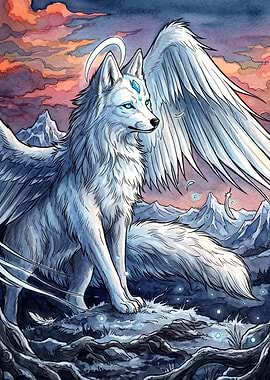 Celestial Wolf Wings Watercolor Art