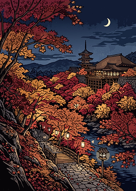Japanese Temple at Night in Autumn