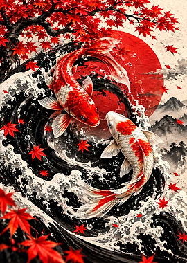 Koi Fish and Maple Leaves Art