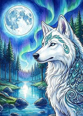 White Wolf Northern Lights Poster