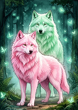 Pink & Green Wolf Mystic Forest Art