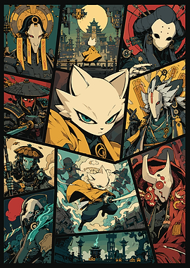 Pixel Art Samurai Cat Collage