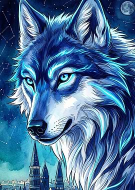 Blue Wolf Night Sky Fantasy Art