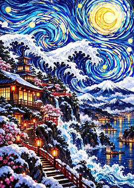 Starry Night Over Japanese Mountain