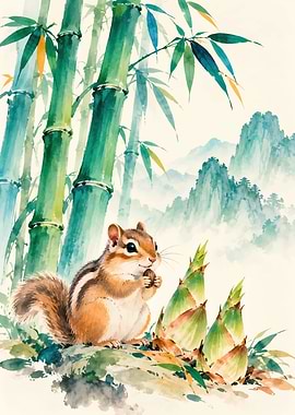Watercolor Chipmunk in Bamboo Forest
