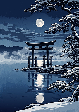 Snowy Torii Winter Moonlight
