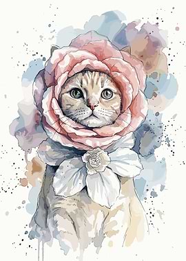 Watercolor Cat Wearing Rose Headdress