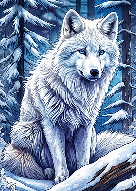 White Wolf Winter Forest Art Poster