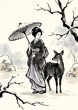 Geisha with Deer in Winter