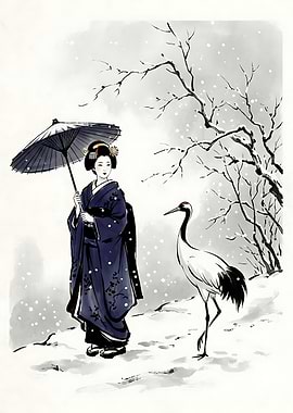 Geisha and Crane in Winter Snow
