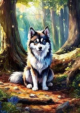 Husky Forest Watercolor Art Poster