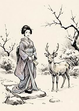 Geisha and Deer in Winter