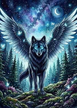 Winged Wolf Forest Galaxy Watercolo
