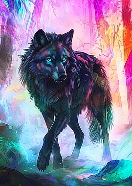 Neon Wolf Forest Watercolor Poster
